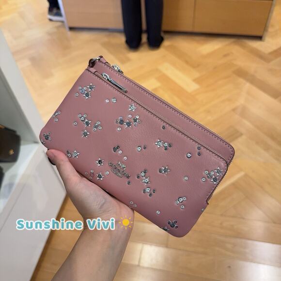 NWT Coach Double Zip Wallet With Star Print CCJ69 Silver /DUSTY PINK - Picture 1 of 7